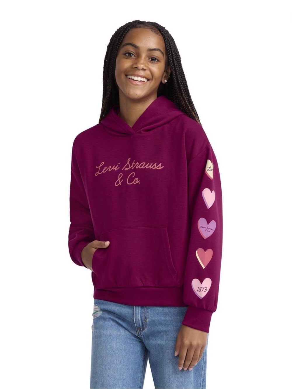 Levi's Girls Burgundy Hoodie with Pink Heart Sleeve Graphics